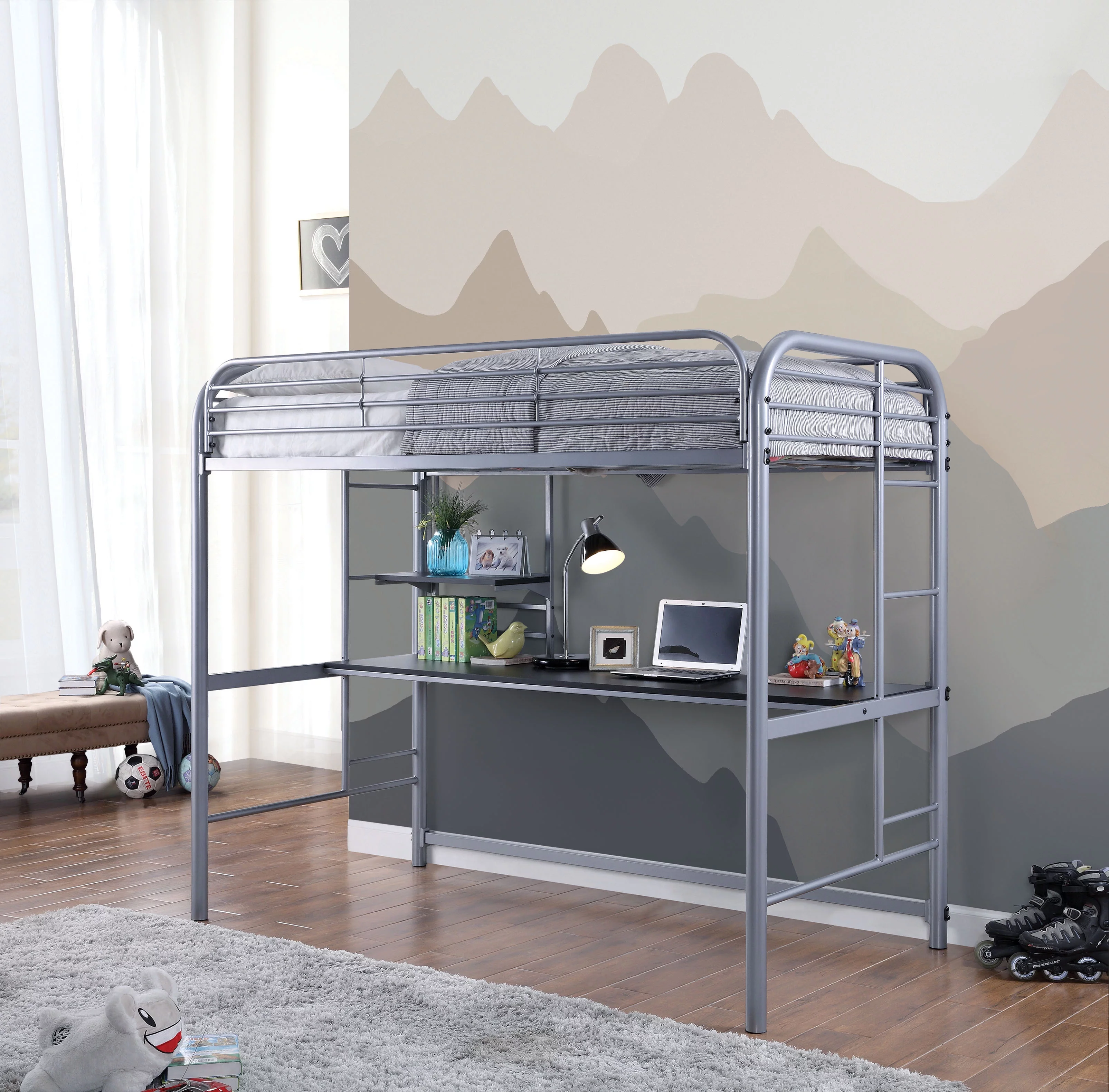 Furniture of America Kandice Industrial Metal Loft Bed, Twin, Silver