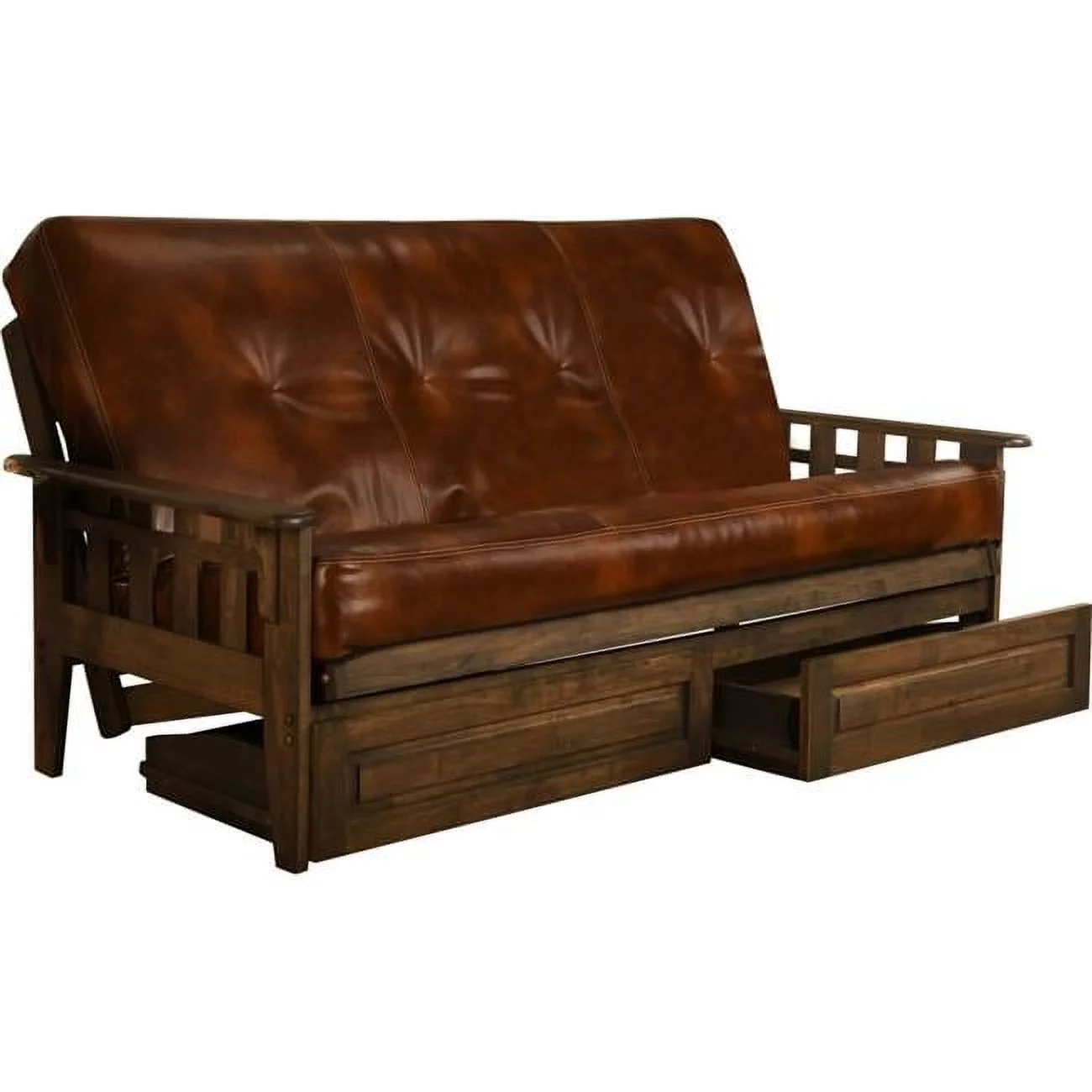 Tucson Rustic Walnut Futon Frame with Oregon Trail Saddle Mattress & Storage Drawers - Full Size