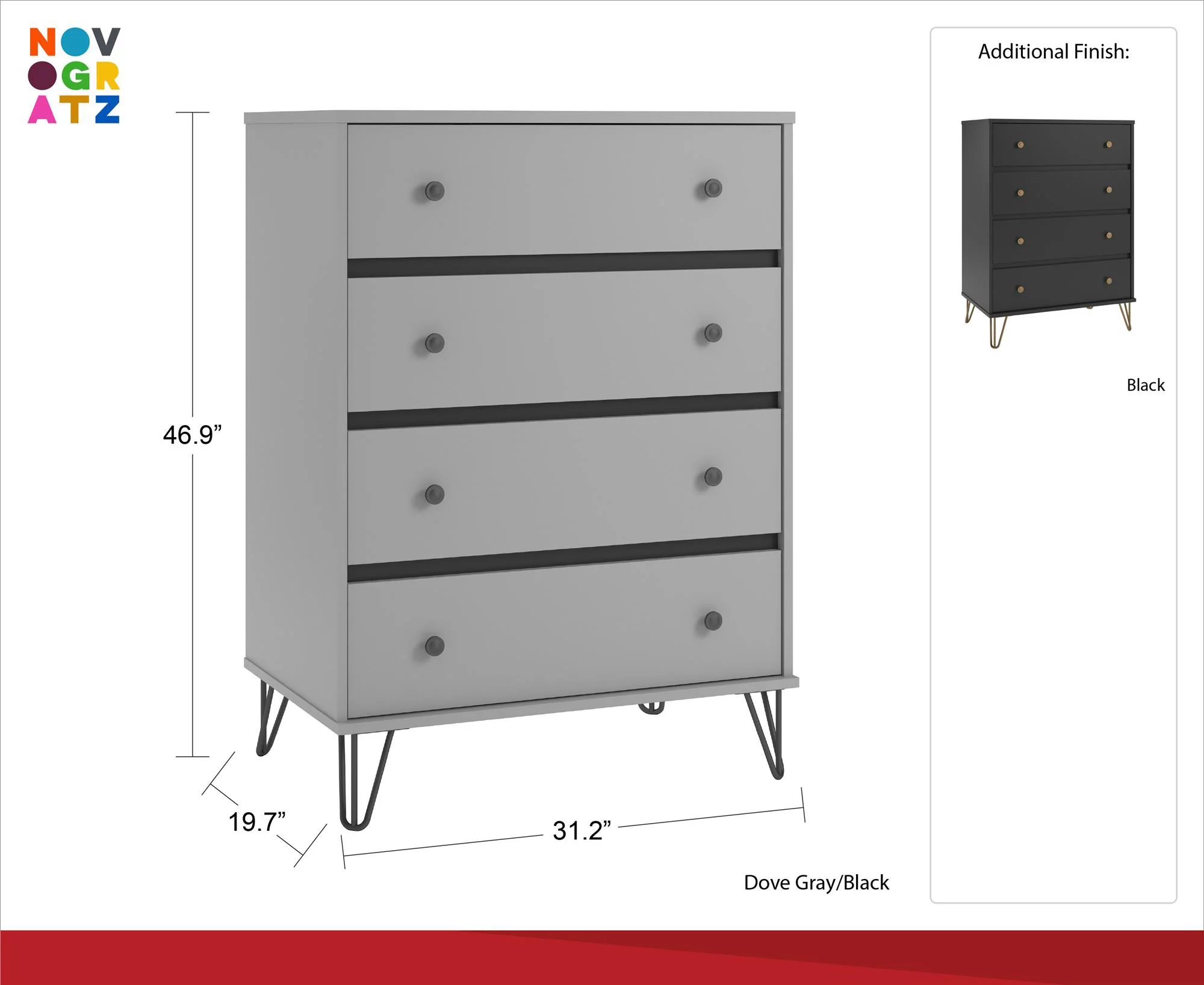 Novogratz Owen Mid-Century Modern 4 Drawer Dresser, Black