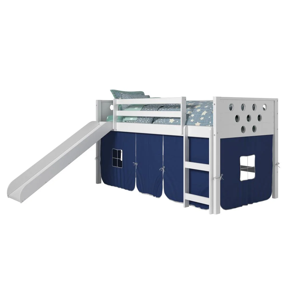 Donco Kids Twin Circles Low Loft W/Slide & Blue Tent Kit In White Finish