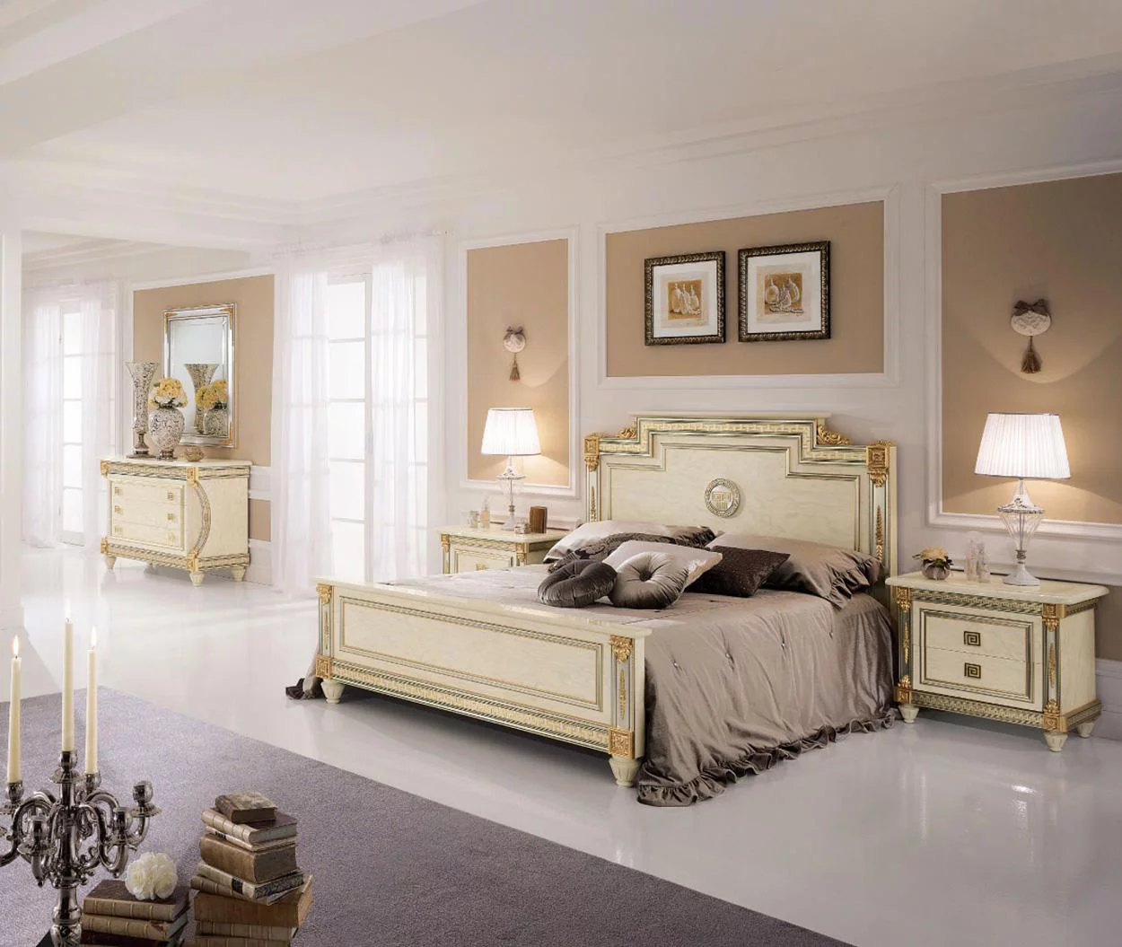 Glossy Ivory Luxury Queen Bedroom Set 5P Liberty Night ESF Made in Italy Classic