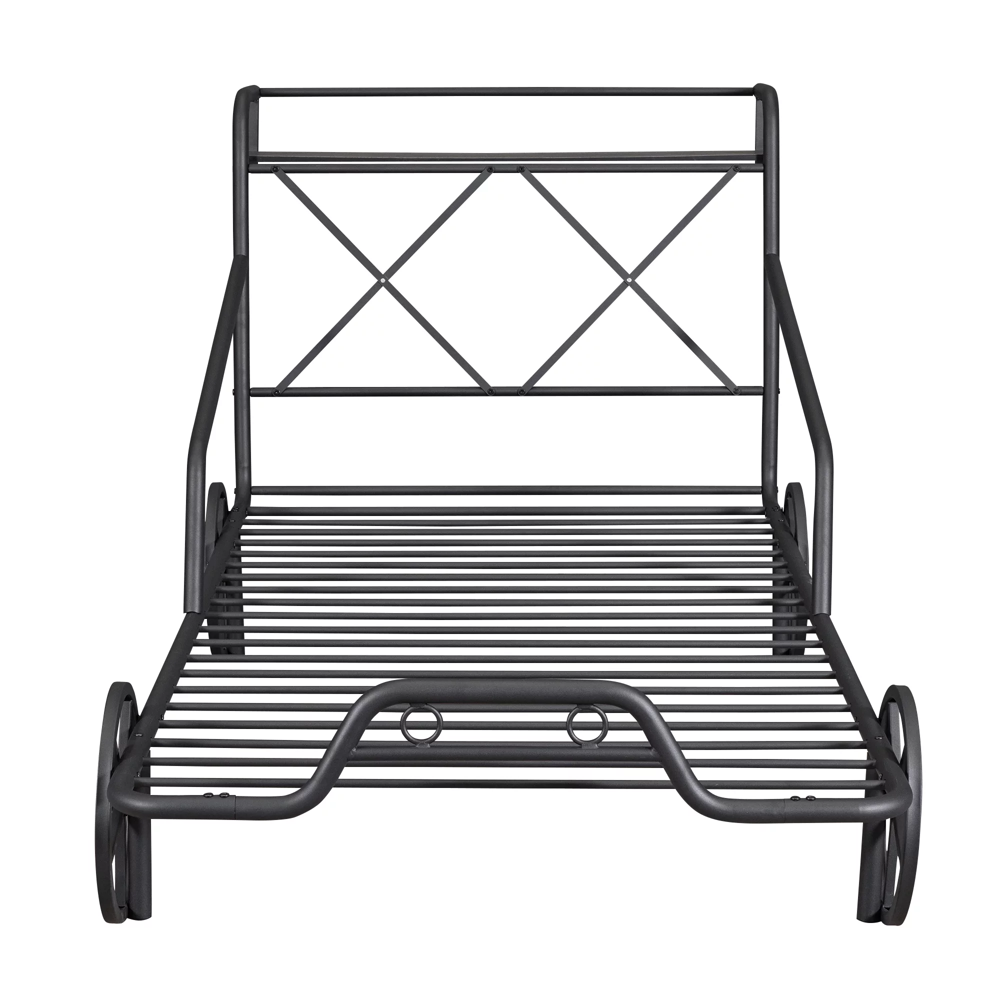 MOLES Twin Size Metal Car Bed with Four Wheels, Guardrails and X-Shaped Frame Shelf, Black