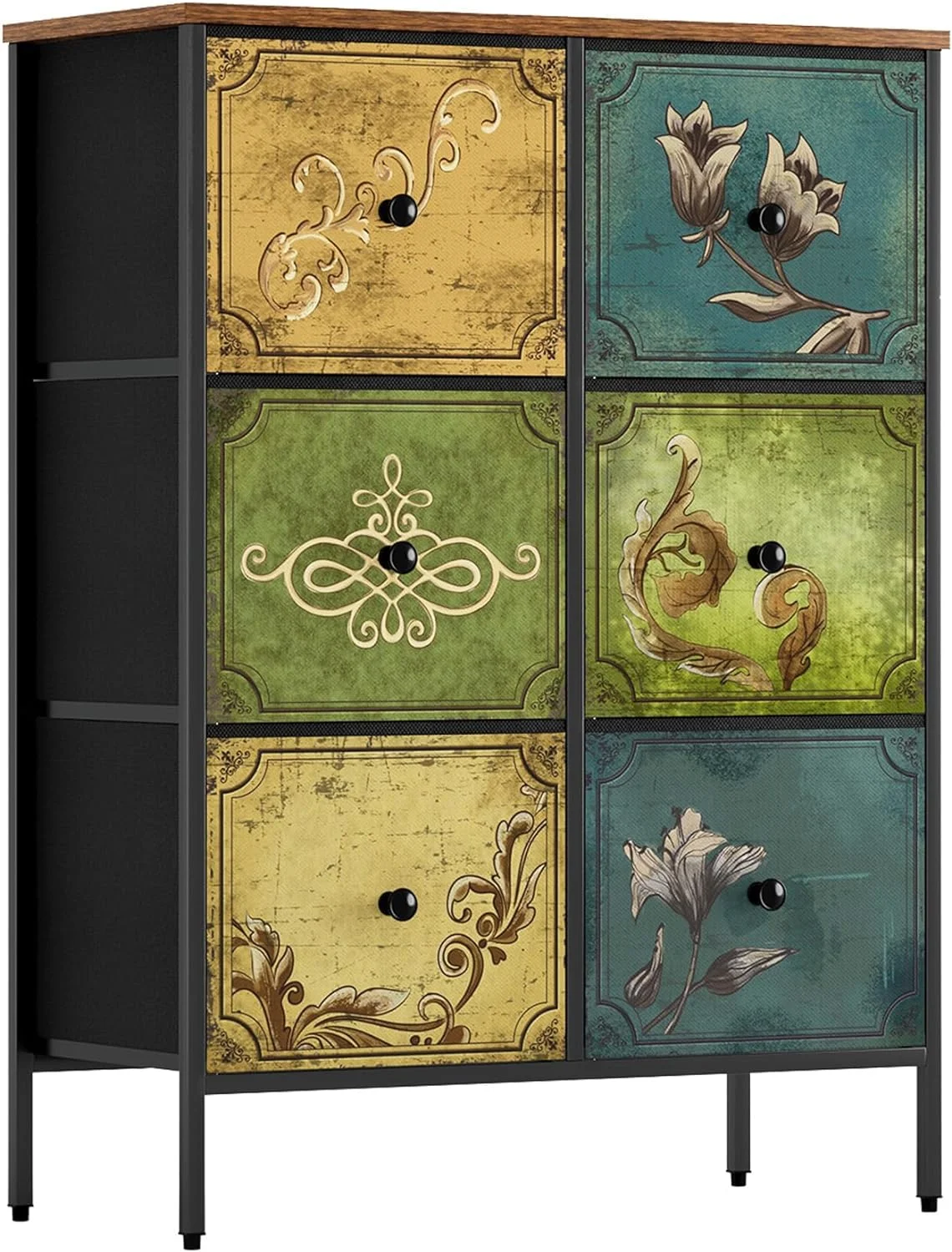 YGDU Drawer Dresser with 9 Fabric Drawers, Dresser Storage Organizer for Bedroom,Closet,Nursery,Living Room,Wide Storage Tower Unit with Steel Frame,Chest of Drawer, Wooden Top, Rustic Pattern