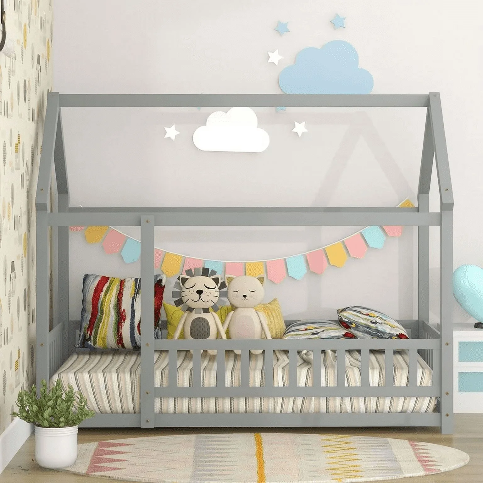 Twin Size House Floor Bed, Wood Montessori Bed Frame with Fence Guardrails, House Beds for Toddler Kids Girls Boys（Twin,Gray)