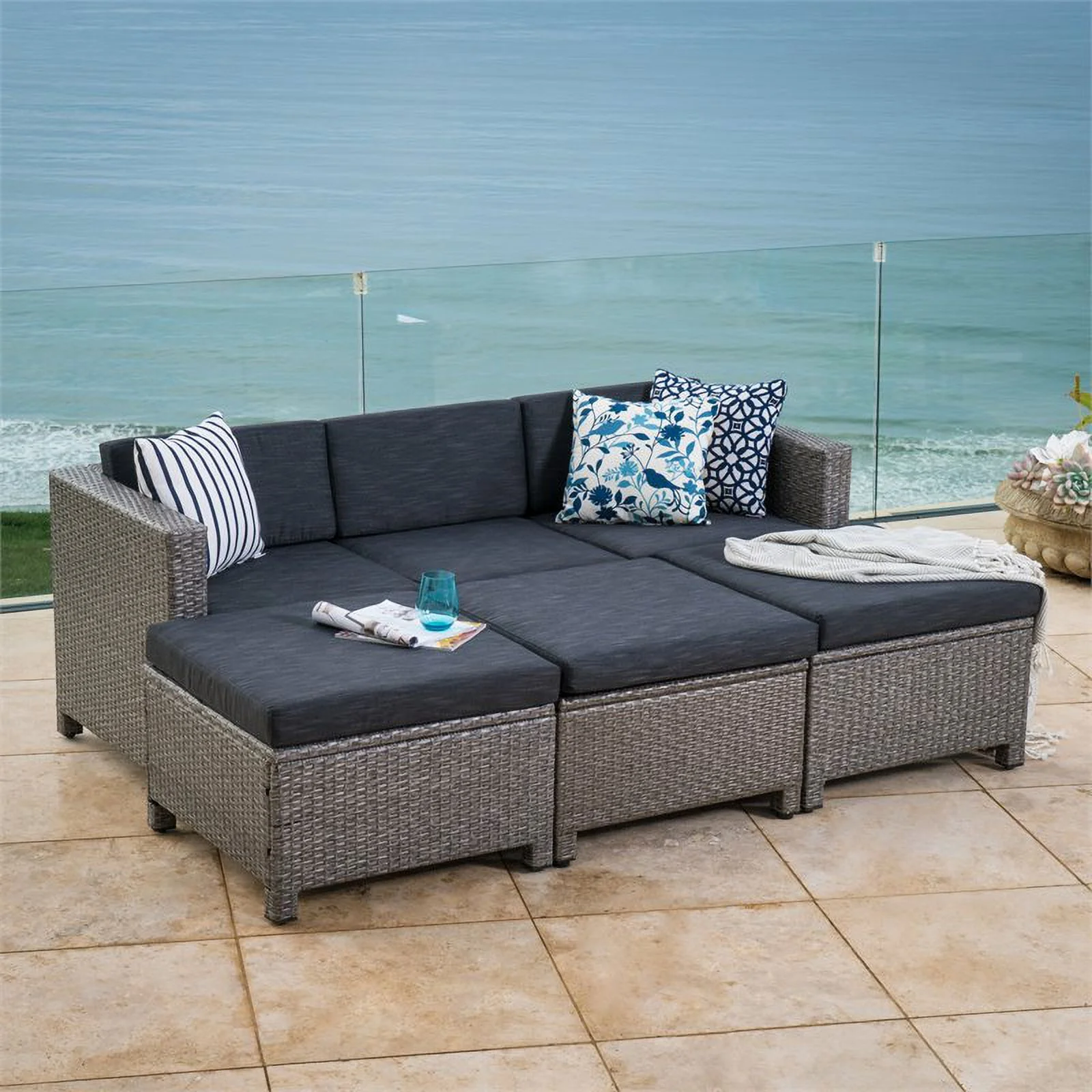 Noble House Puerta Outdoor Dark Grey Wicker Daybed Set with Mixed Black Cushions