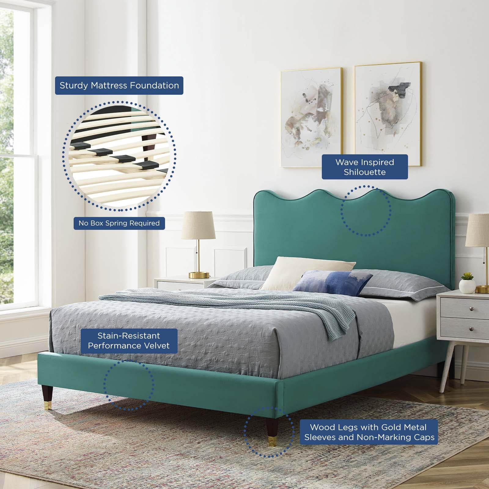 Platform Bed Frame, King Size, Teal Blue, Velvet, Modern Contemporary, Bedroom Master Guest Suite Room