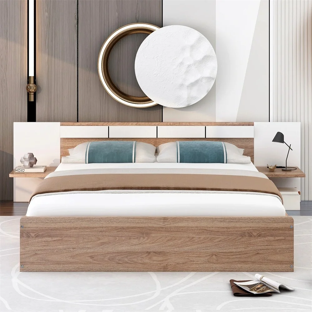 BESTCOSTY Queen Size Platform Bed w/ Headboard, Shelves, USB Ports and Sockets