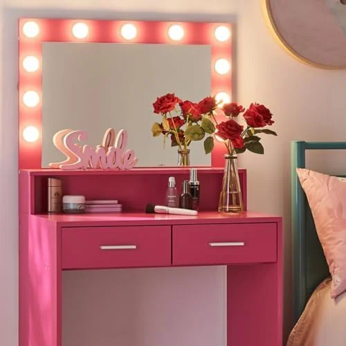 GEROBOOM Vanity Desk with Mirror and Lights Dressing Table with Large Drawer 2 Level Dresser & 3 Lighting Modes Adjustable Brightness Suitable for Bedroom