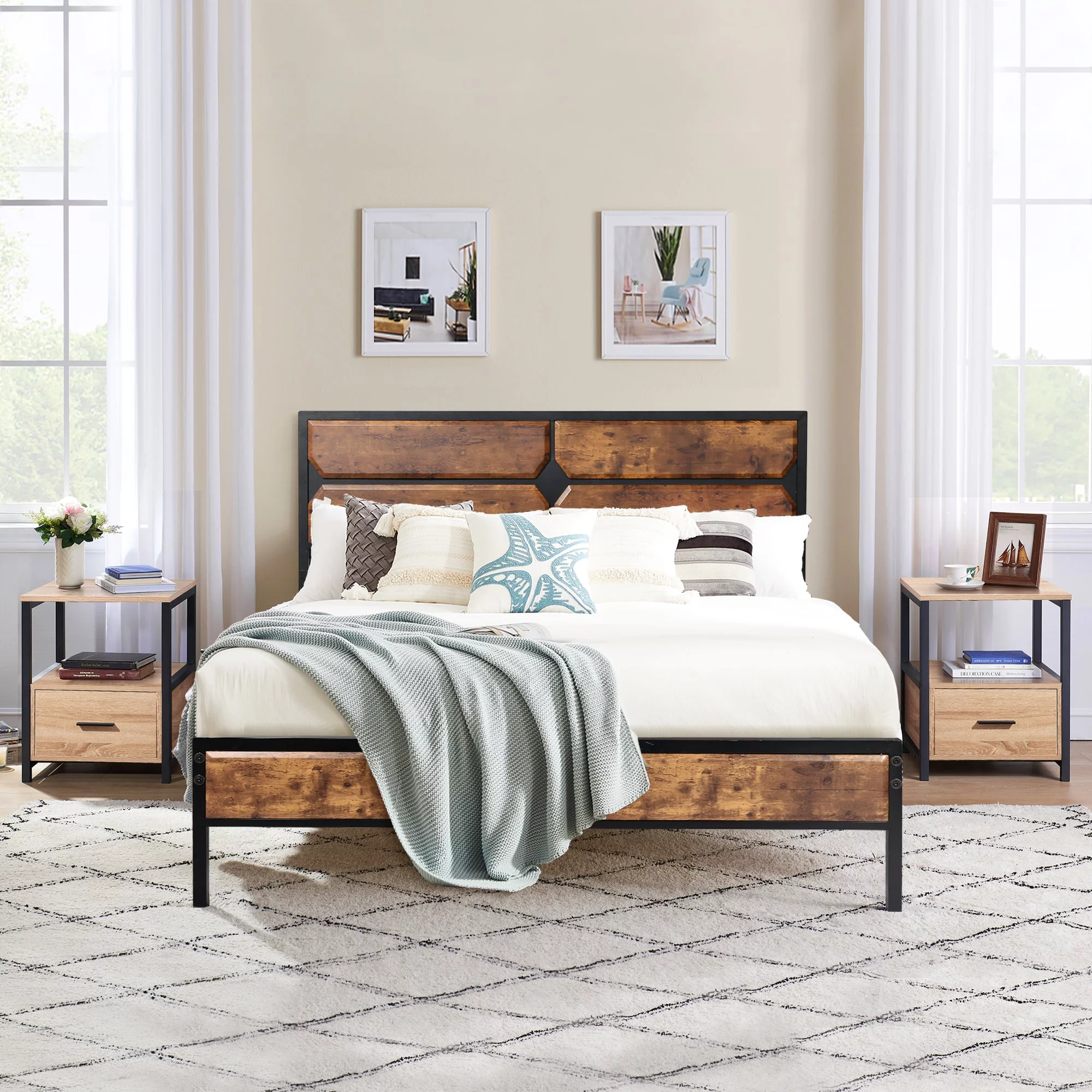 VECELO Full Size Bedroom Set, Platform Bed Frame and 2 Nightstands (Set of 3)