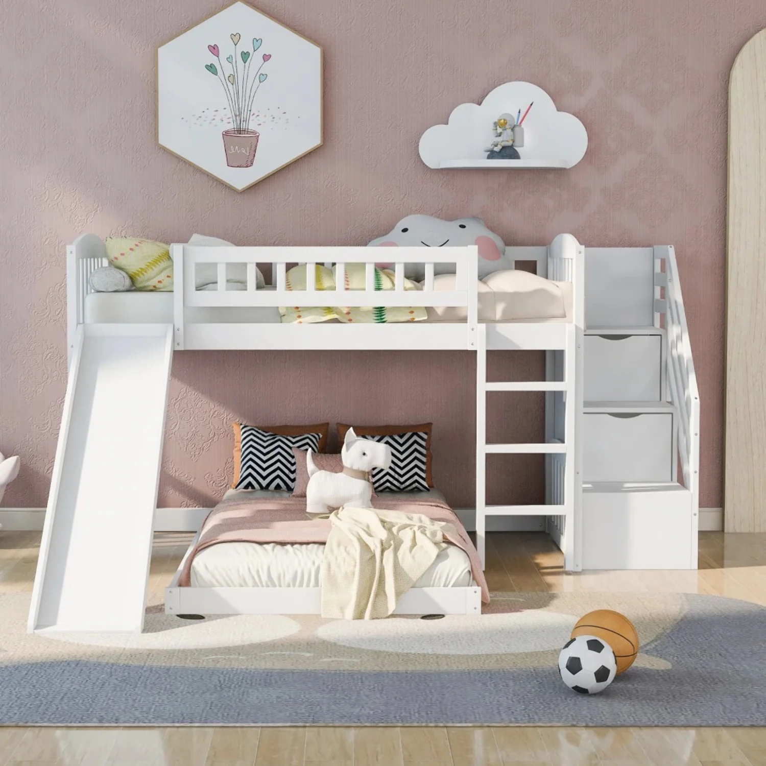 HomeRoots  White Twin Size Over Perpendicular Bunk Bed with Storage Stairs & Slide