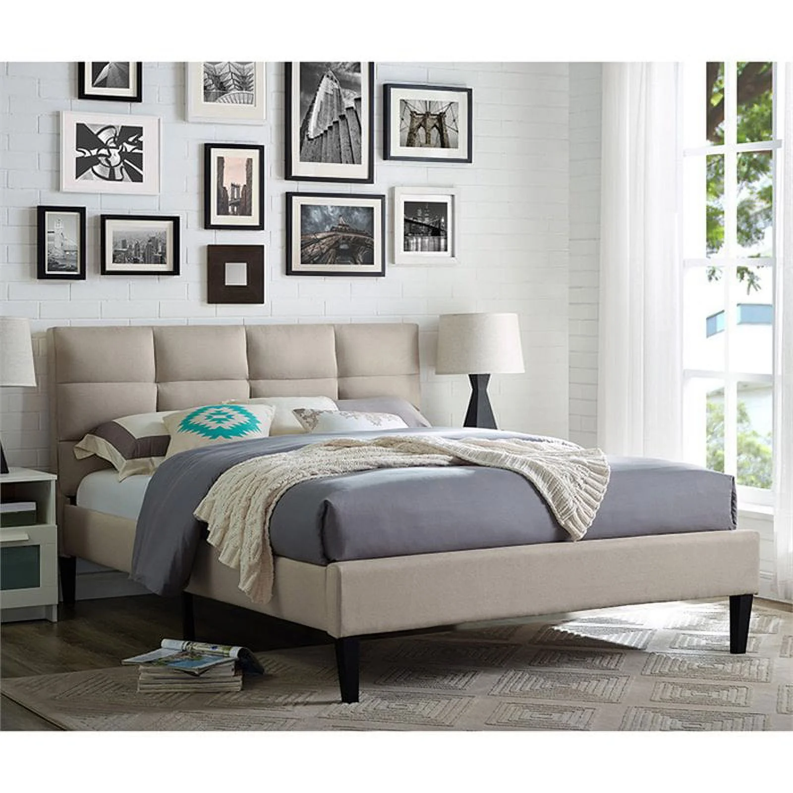 Hawthorne Collections Modern Fabric Tufted Full Platform Bed in Beige
