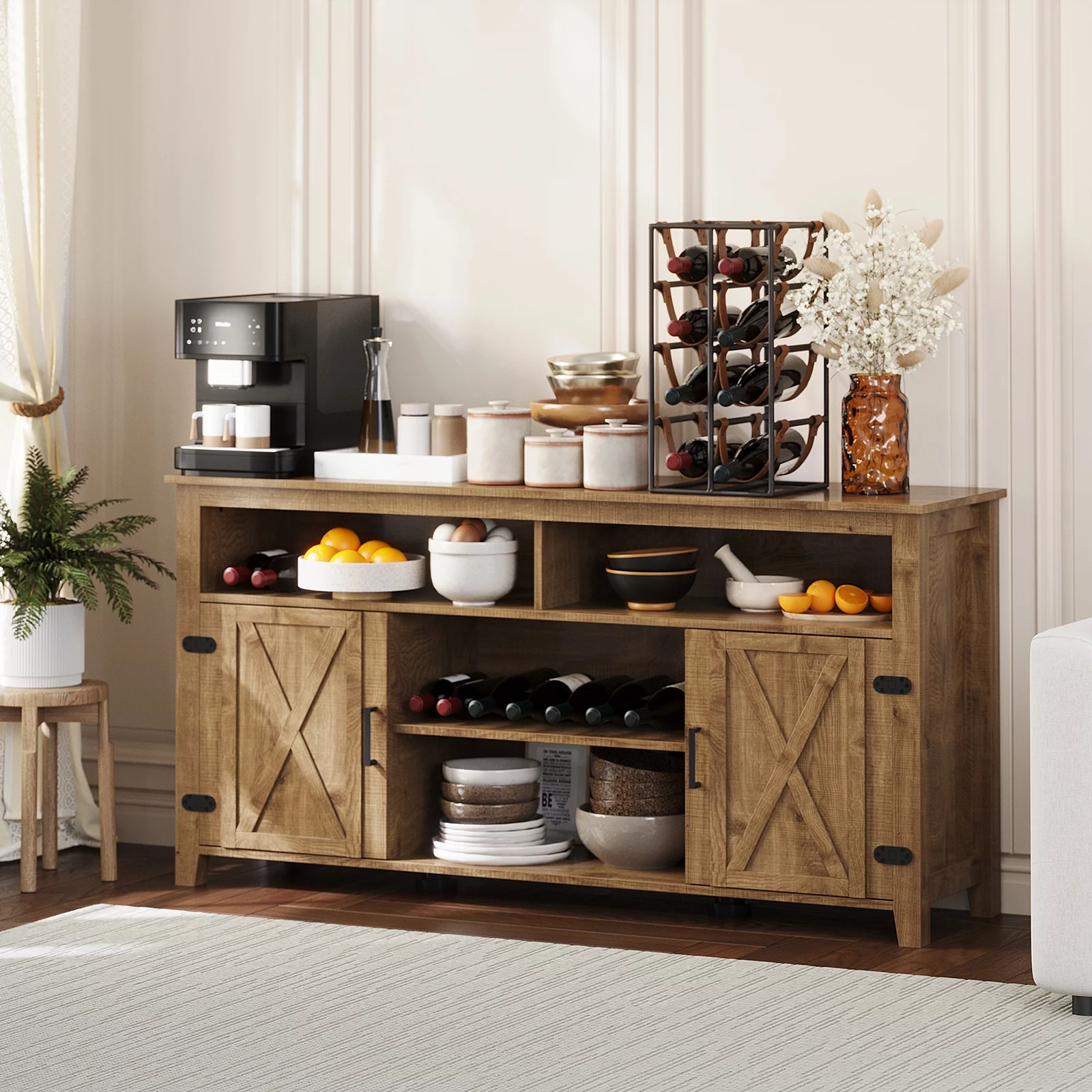 Dextrus Highboy Coffee Bar Cabinet, Farmhouse Buffet Cabinet with Barn Door Kitchen Storage Cabinet & Sideboard Cabinets for Dinning Room