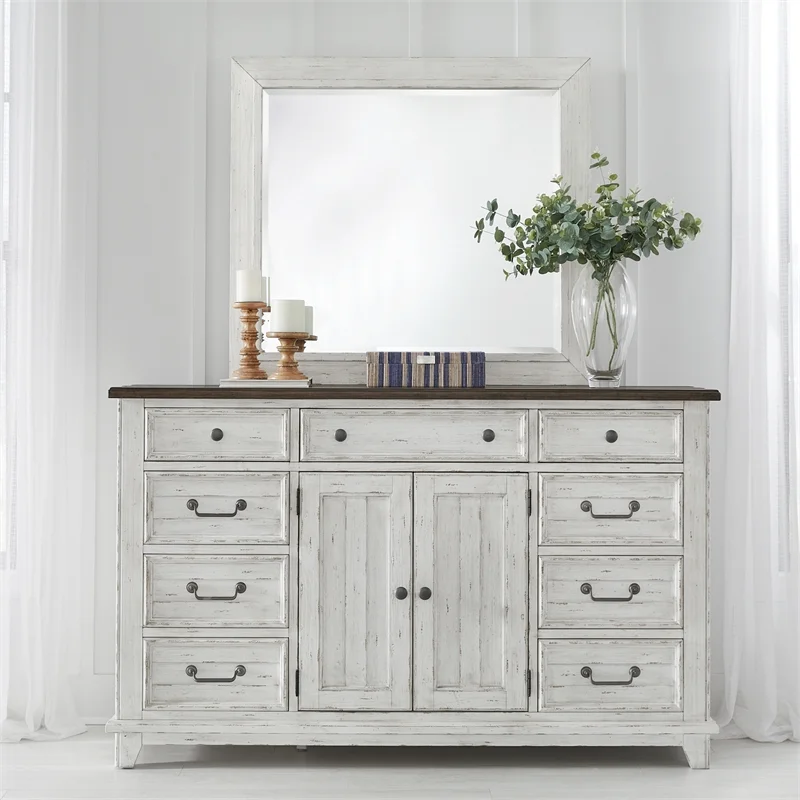 River Place 9 Drawer Dresser & Mirror - Riverstone White