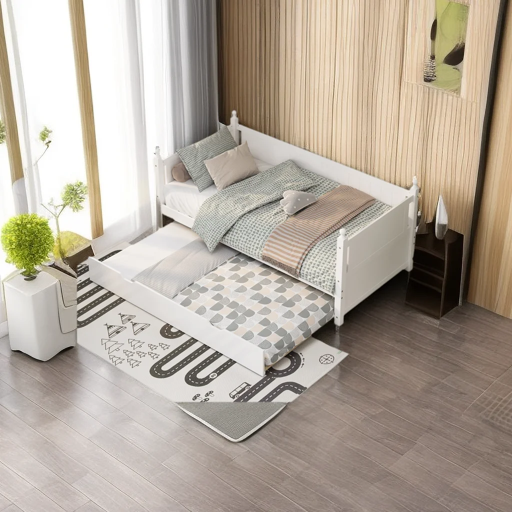 Twin Size Solid Wood Daybed with Trundle for Limited Space Kids, Teens, Adults, No Need Box Spring