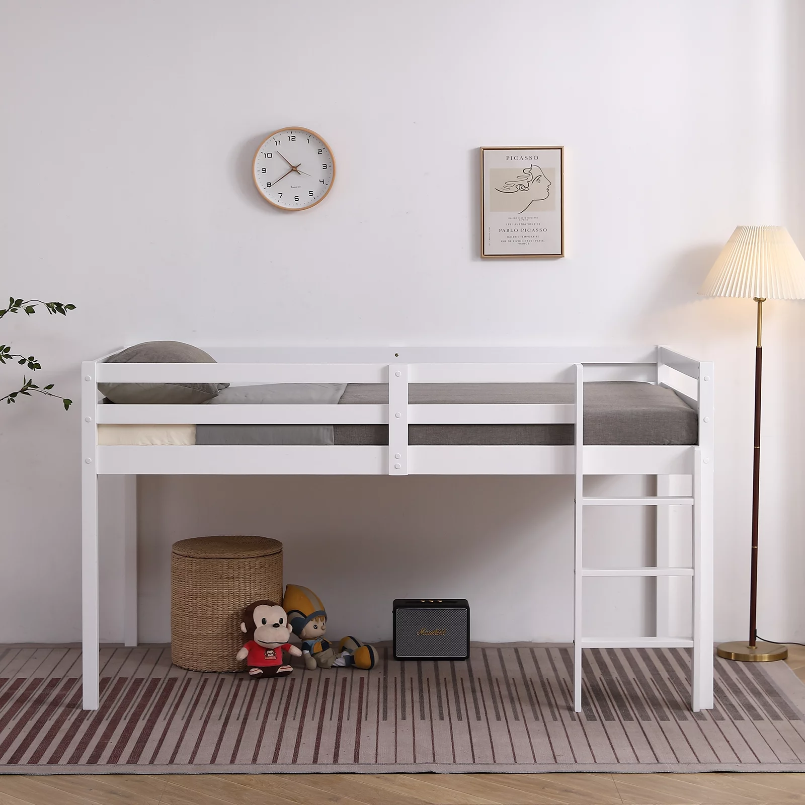UBesGoo Twin Wood Loft Bed Low Loft Beds for Kids with Ladder,Twin,White
