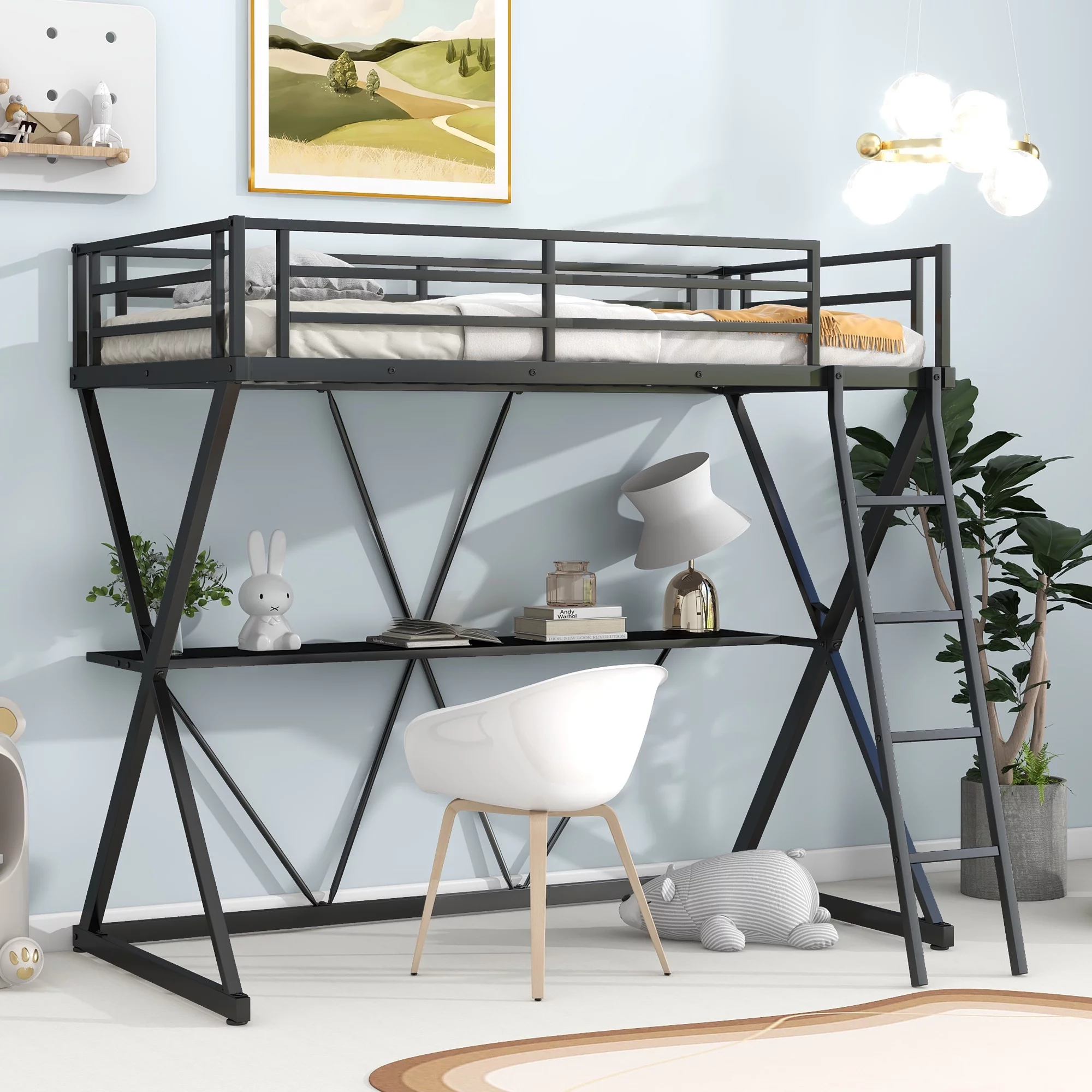 Docooler Twin Size Loft Bed with Desk and Ladder, X Shaped Frame, Black Perfect for Small Spaces and Study Areas
