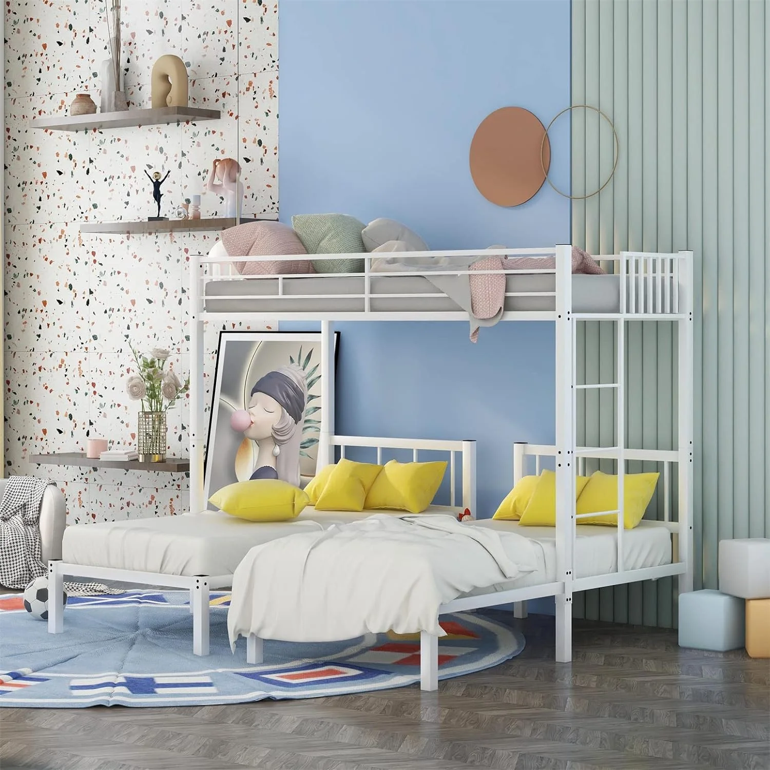 Triple Bunk Beds, Over / Bunk Bed Metal Triple Bed Frame For Kids Boys Girls, Can Be Divided Into 3 Separate Beds, White