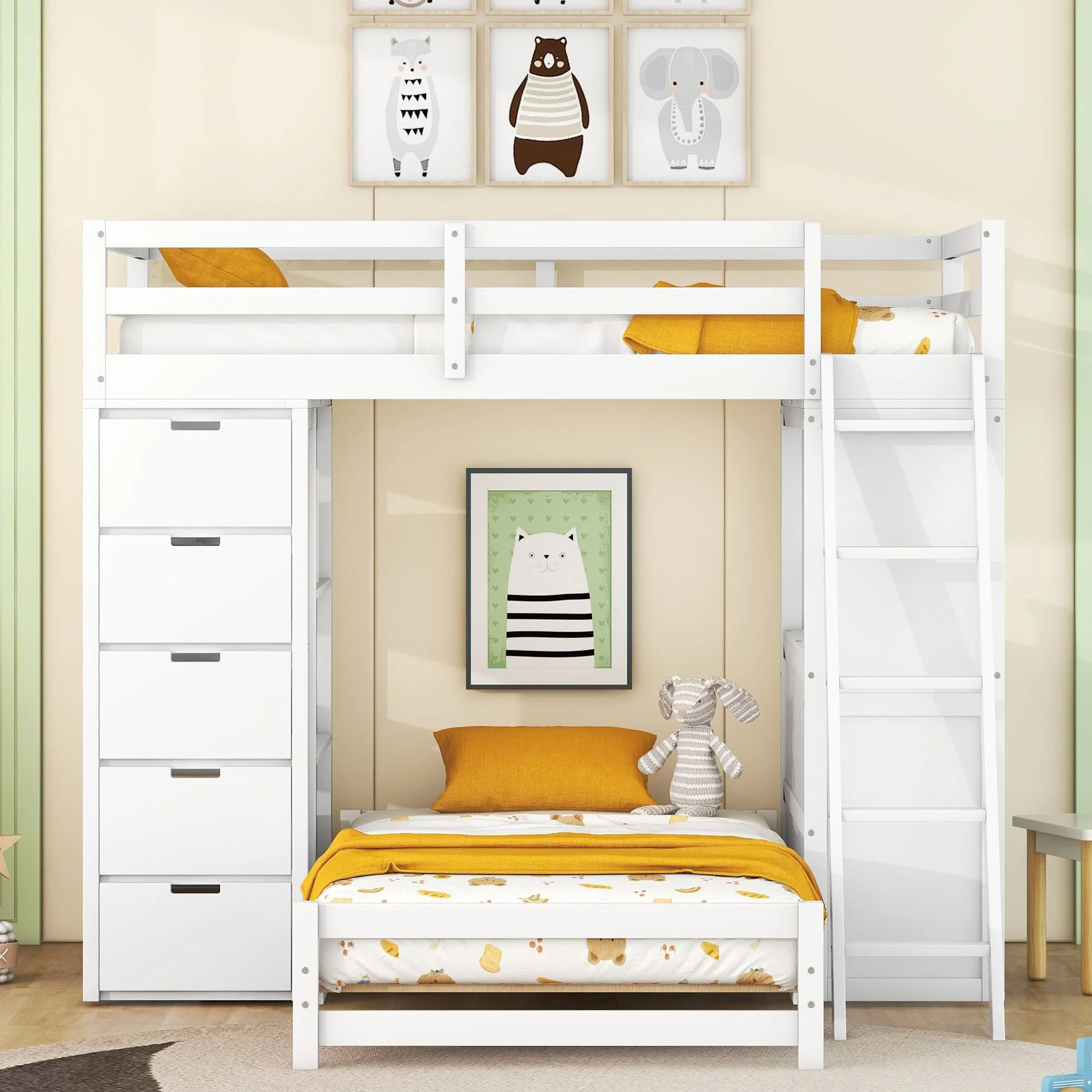 Twin Over Twin Floor Bunk Bed with LED Light and USB Ports for Boys/Girls/Teens Bedroom, Low Wood Bed Frame with Safety Guardrail, No Box Spring Needed