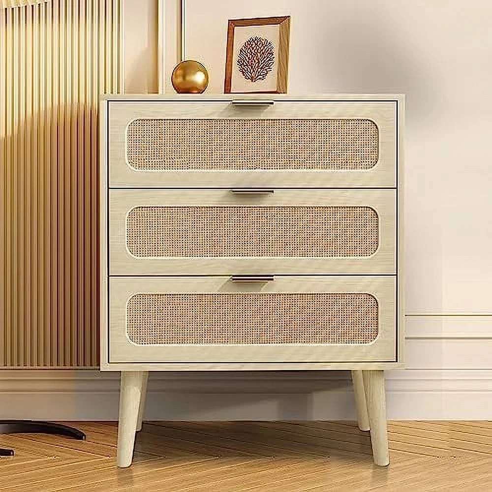 HBBOOMLIFE Drawer Dresser Rattan Chest of Drawers with 3 Drawers Dresser Accent Cabinet Modern Bedside Table for Living Room Bedroom Entryway (White)