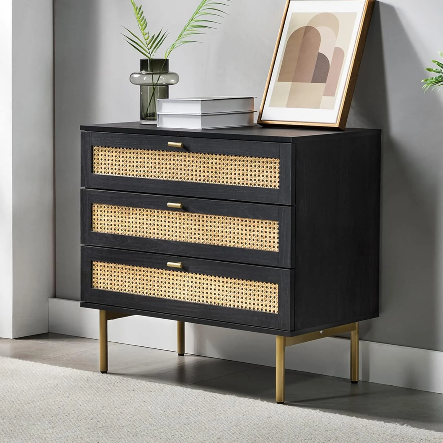 Dresser For Bedroom With 3 Drawers, Wood Chest Of Rattan Decorated Drawers, Boho Century Modern Tall Dressers For Small Spaces, Black