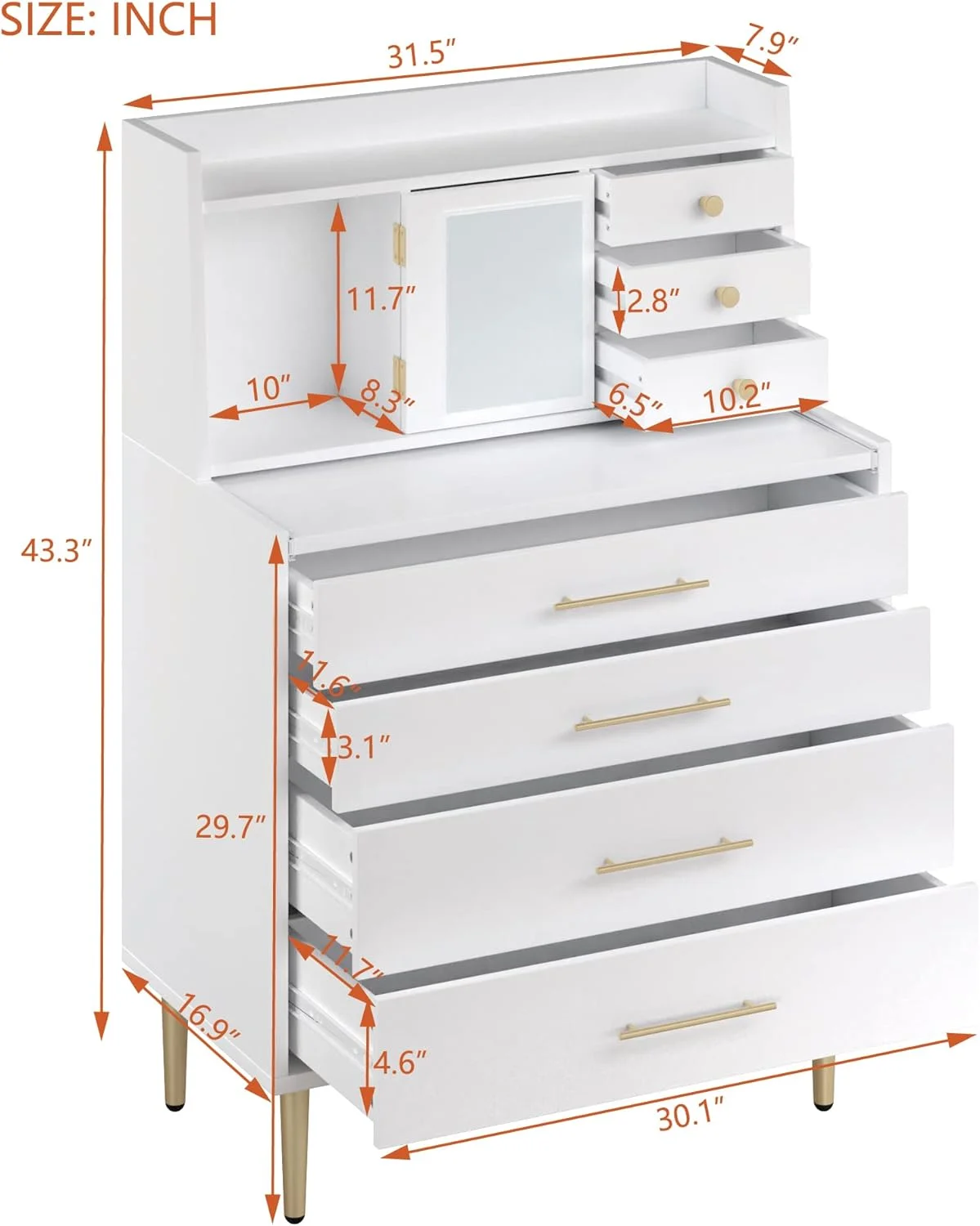 7 Drawer Dresser White Tall Chest Of Drawers For Bedroom, Vanity Desk With Mirror And Retractable Table For Makeup Room, Dressing Table With Storage, White