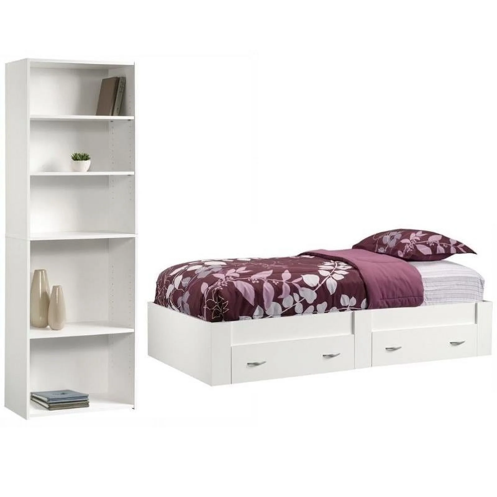 Home Square 2 Piece Furniture Set with Bookcase and Twin Platform Bed in White