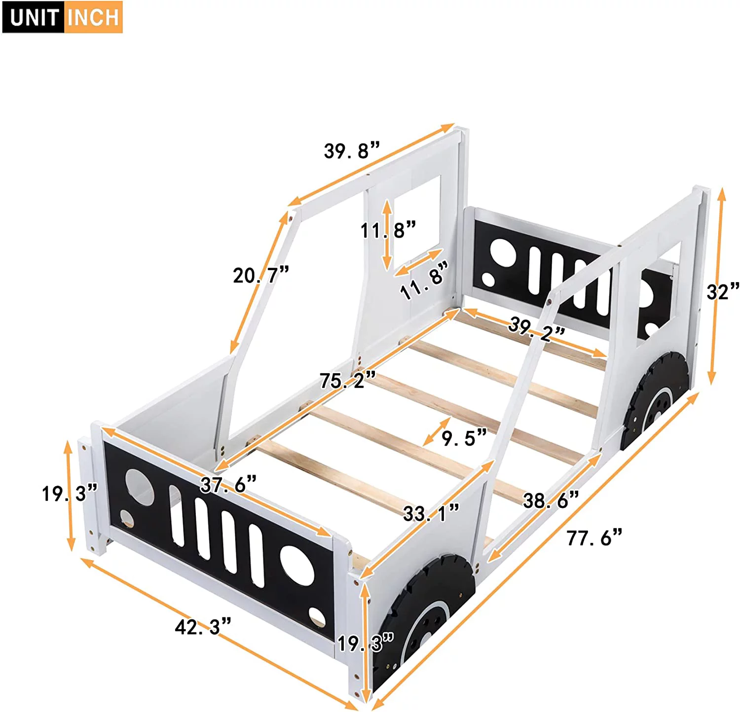 Floor Bed Size Car-Shaped Platform With Wheels, Montessori Frame Fence And Door, Solid Wood For Kids Boys Girls, Slats Included, No Box Spring Needed ( Size, White)