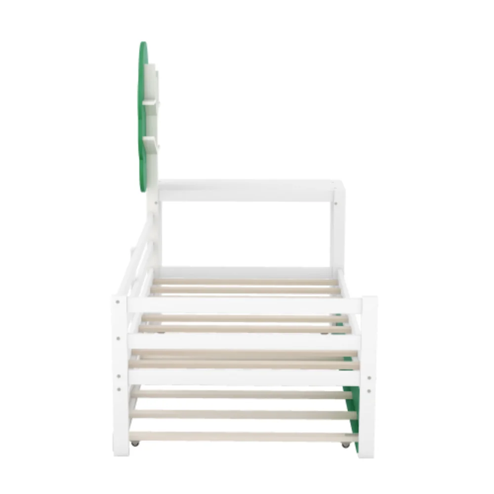 Twin Size Daybed with Desk, Green Tree Shape Shelves and Trundle, White