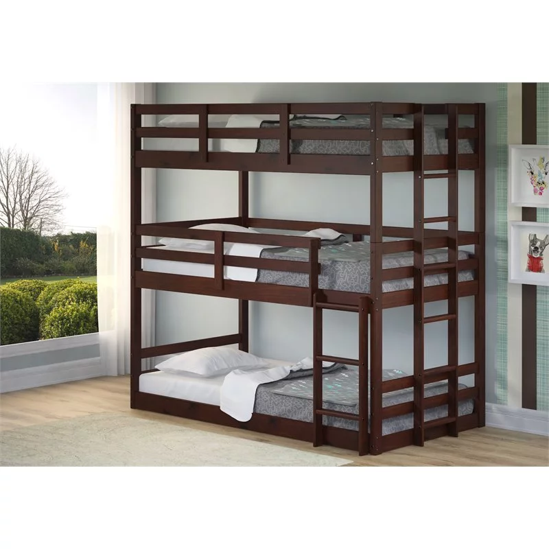 Pemberly Row Twin Solid Wood Triple Bunk Bed in Cappuccino Finish