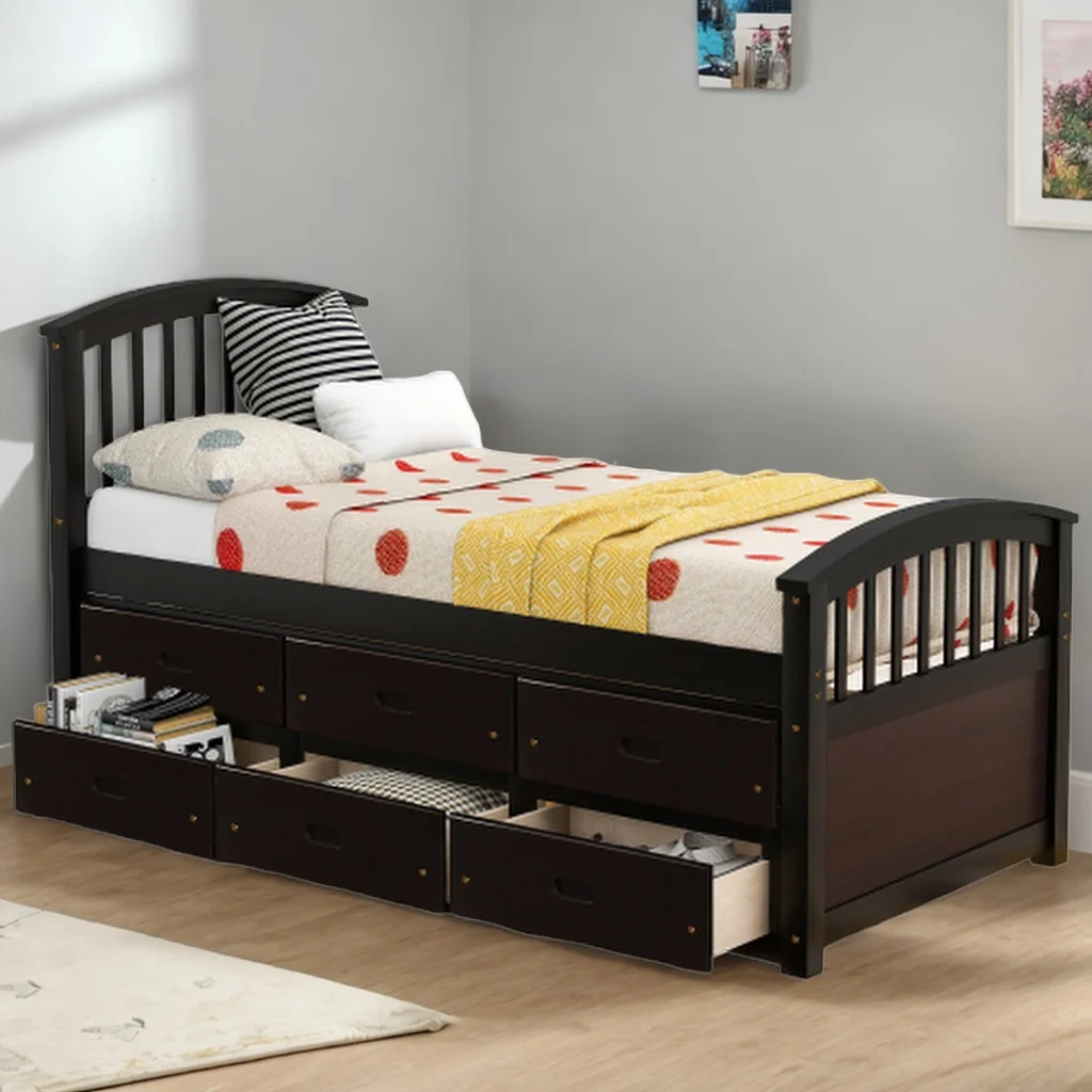 Twin Size Platform Storage Bed Solid Wood Bed with 6 Drawers Comfort Bed for Bedroom (Espresso)