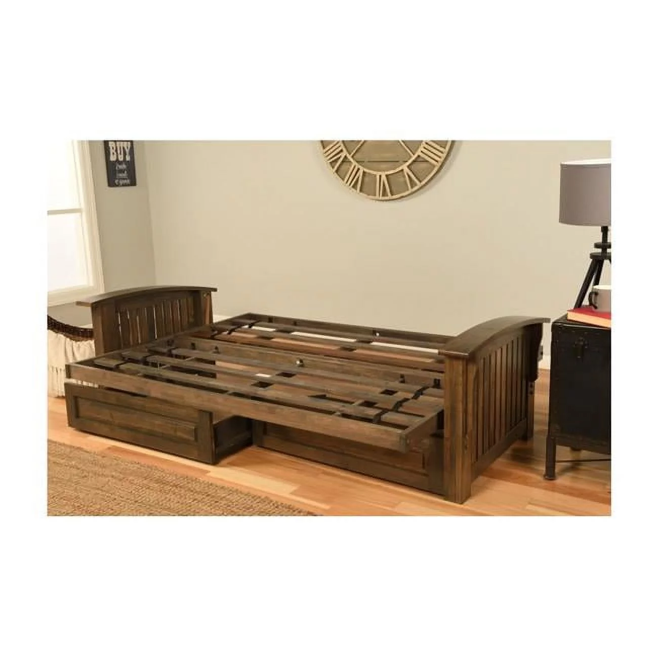 Washington Rustic Walnut Futon Frame & Storage Drawers - Full Size