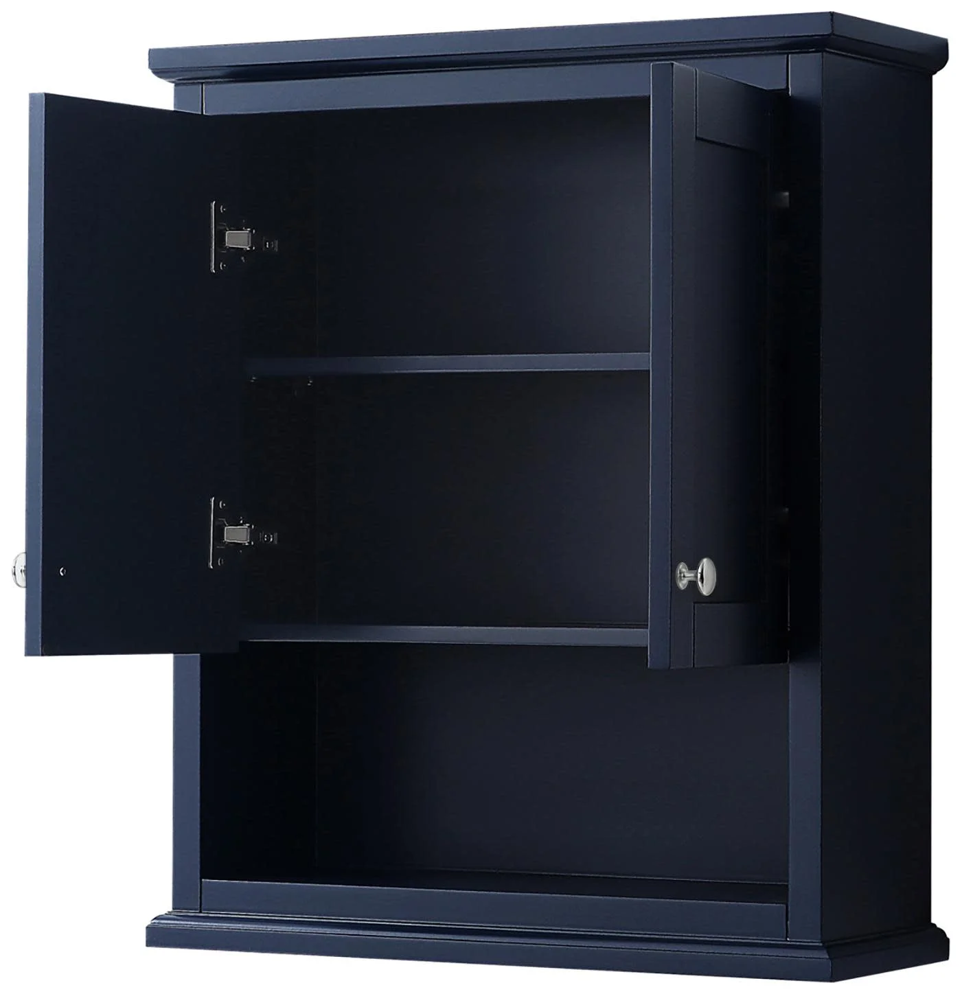 Wyndham Collection Avery Over-the-Toilet Bathroom Wall-Mounted Storage Cabinet with Matte Black Trim, Dark Blue