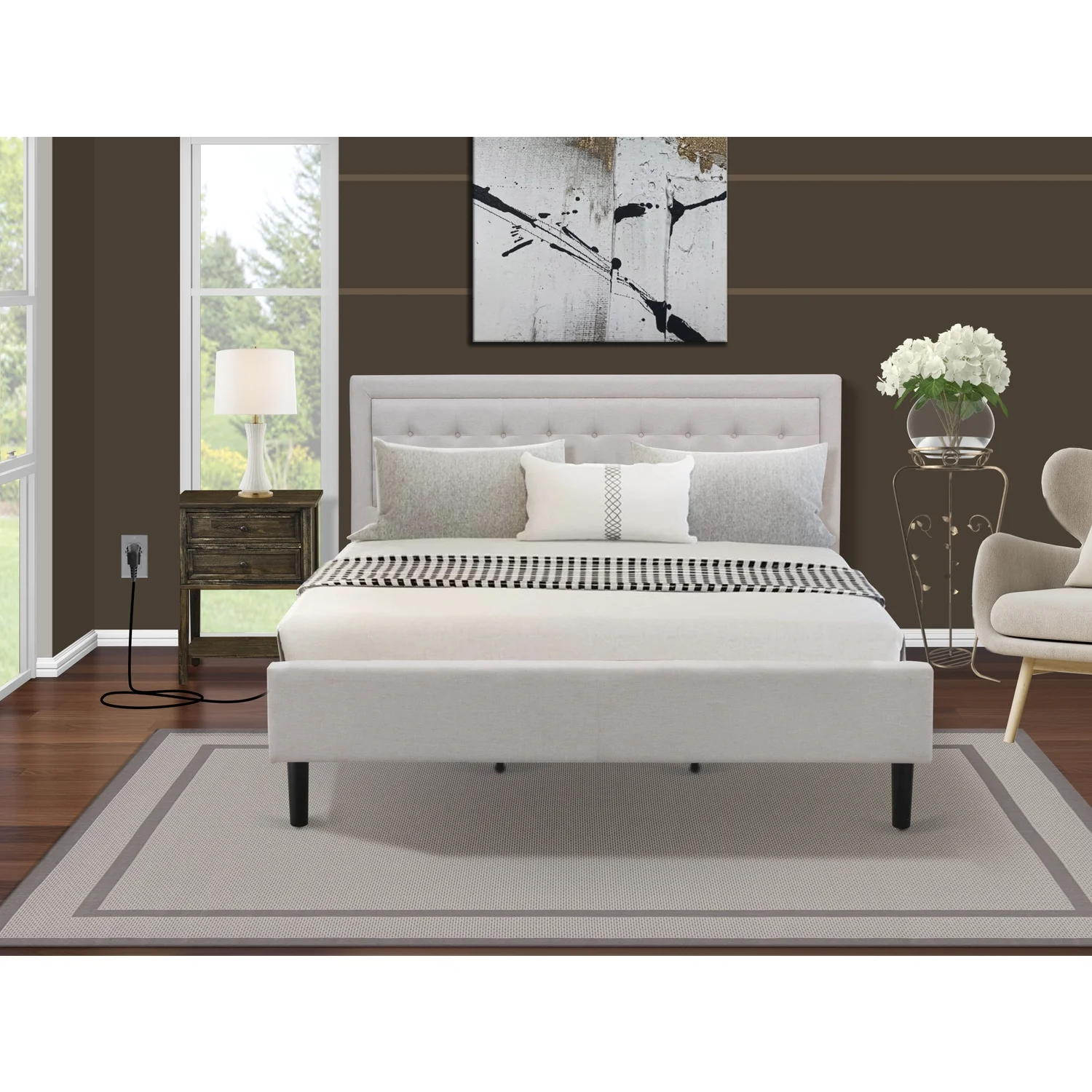East West Furniture 2-piece Wood Fannin King Bedroom Set in Mist Beige/Jacobean