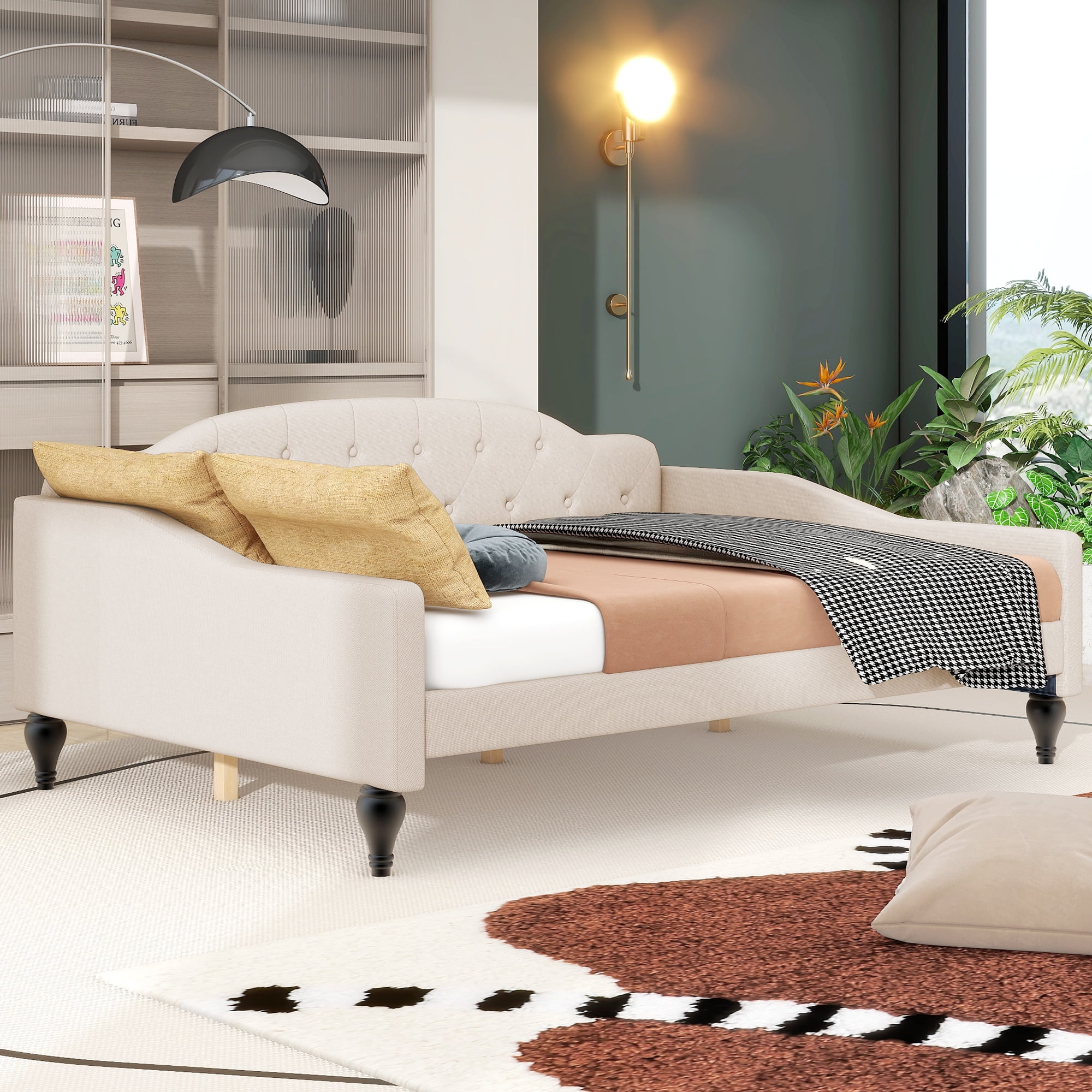 Churanty Full Size Upholstered Daybed, Linen Sofa Bed with Button Tufted Backrest for Bedroom Living Room Guest Room, Beige