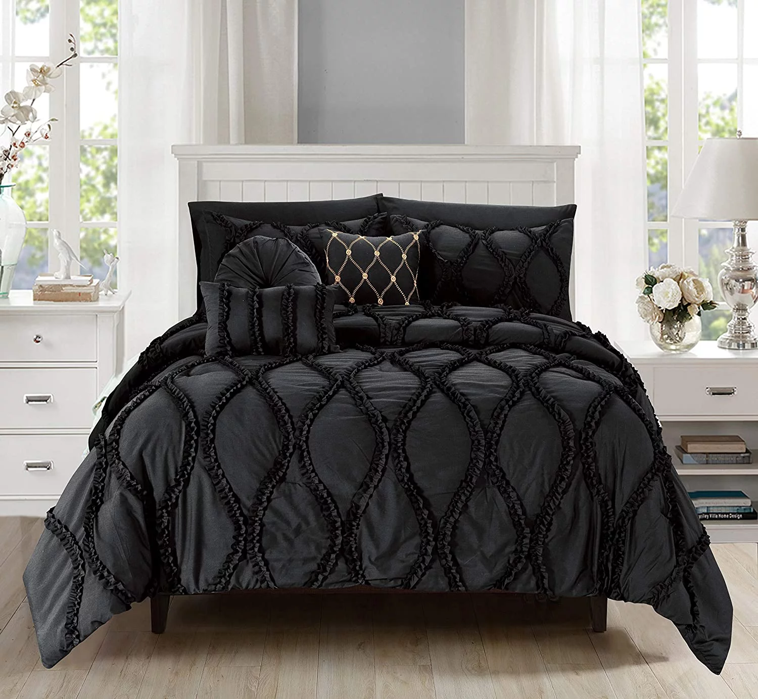 Celine Linen 10-PIECE Bed-in-a-Bag Infinity Design Comforter Set, Includes Bed Sheet Set with Double Sided Storage Pockets and Decorative Pillows, King/Cal King, Black