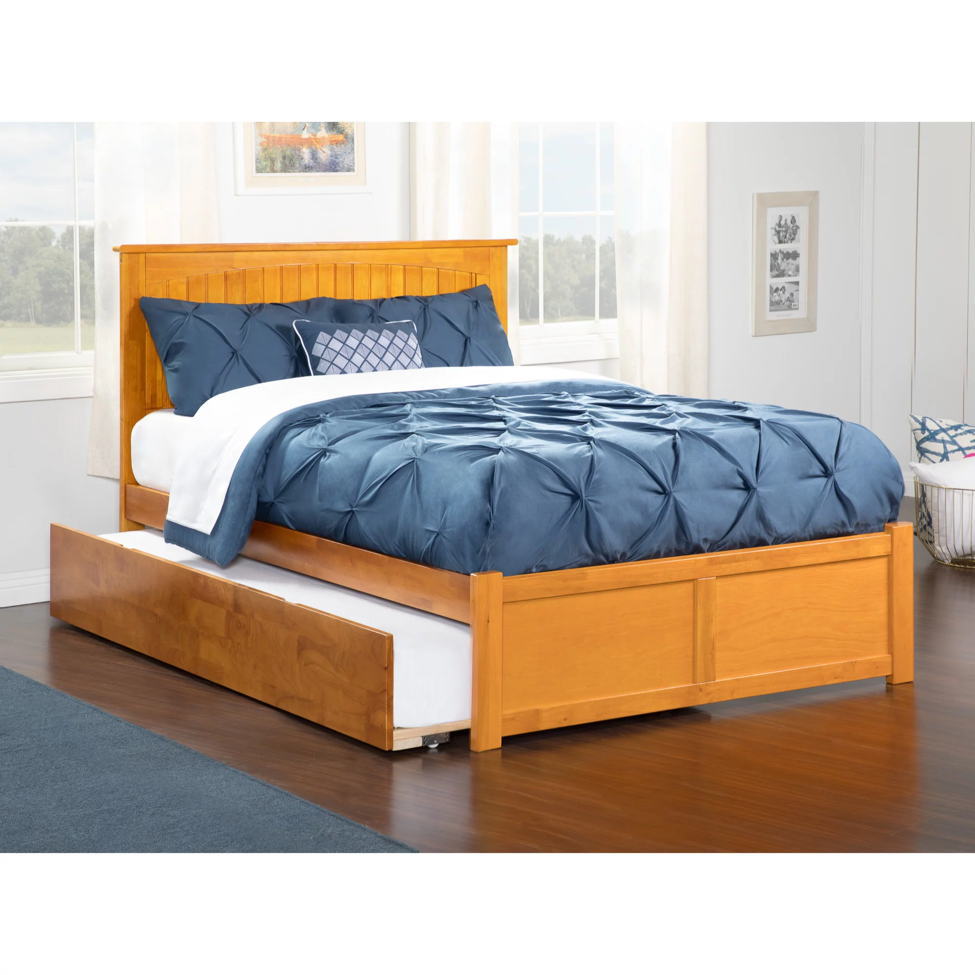 AFI Nantucket Full Size Platform Bed with Panel Footboard and Full Size Trundle in Caramel Latte