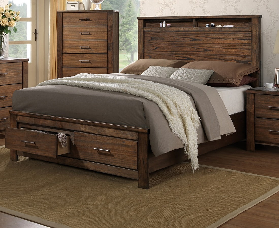 Natural Wood Finish Queen Size Bed Contemporary Oak Veneer Storage Drawers FB Shelf HB Bedframe Bedroom Furniture