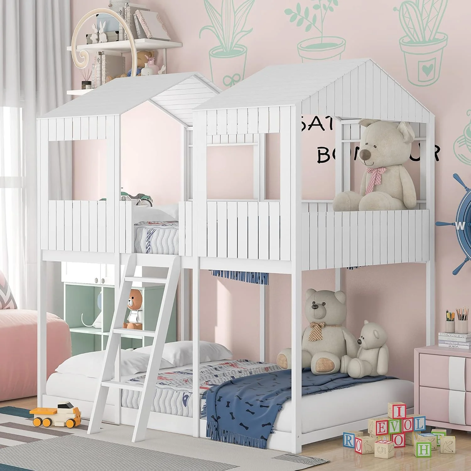 Full Over Full Bunk Bed, Wood Full House Bed Loft Bed Bedroom Furniture With Roof, Window, Guardrail & Ladder, White
