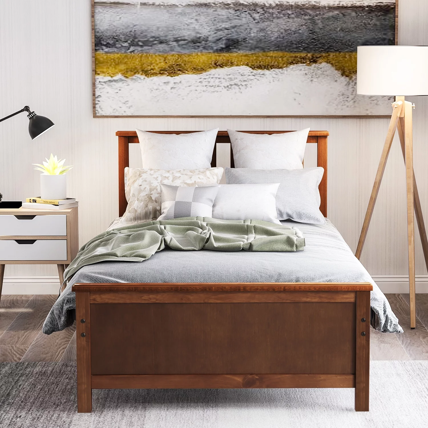 Nestfair Walnut Twin Wood Platform Bed with Headboard and Footboard