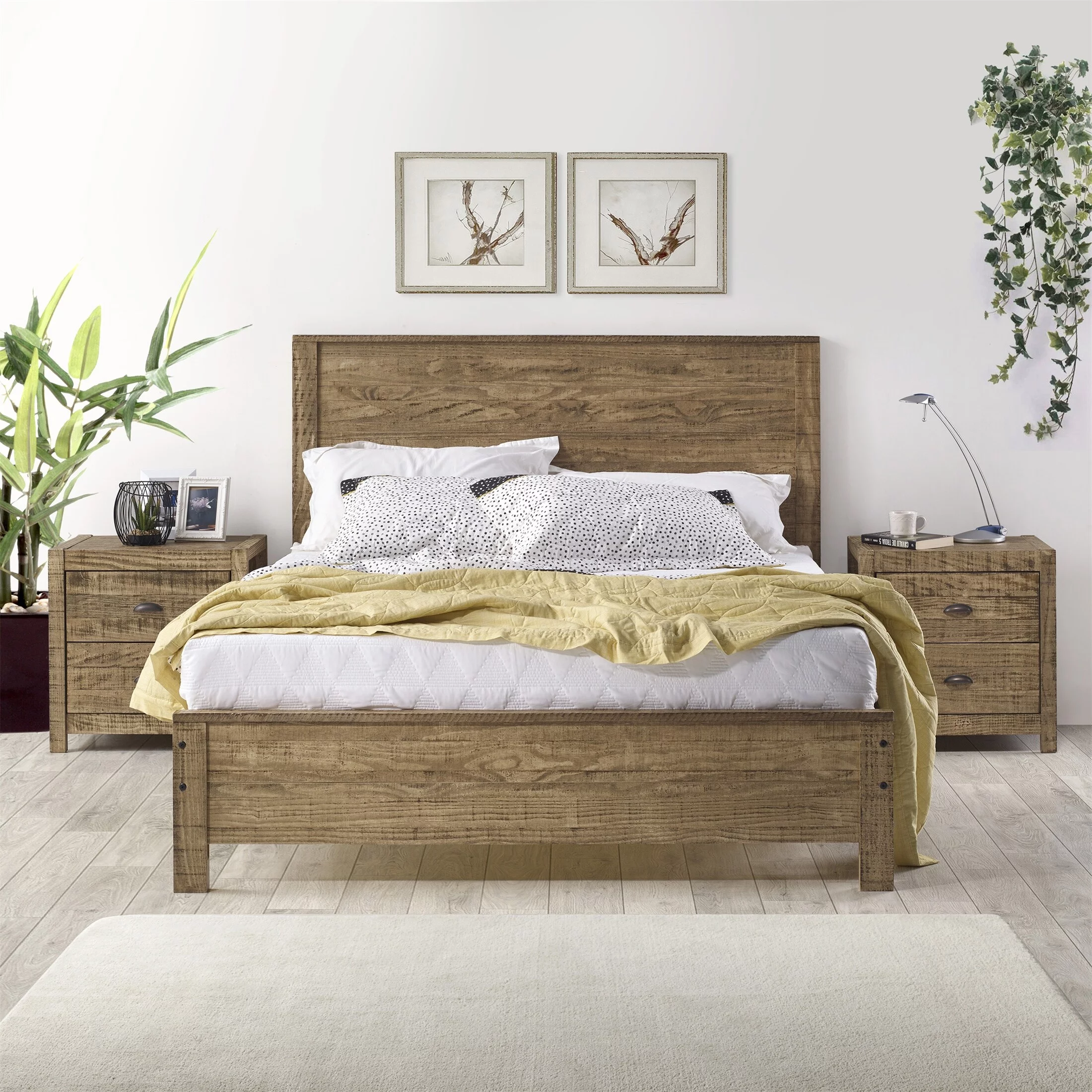 YJTONWIN Solid Pinewood Twin Size Bed Box Spring Needed Rustic Walnut