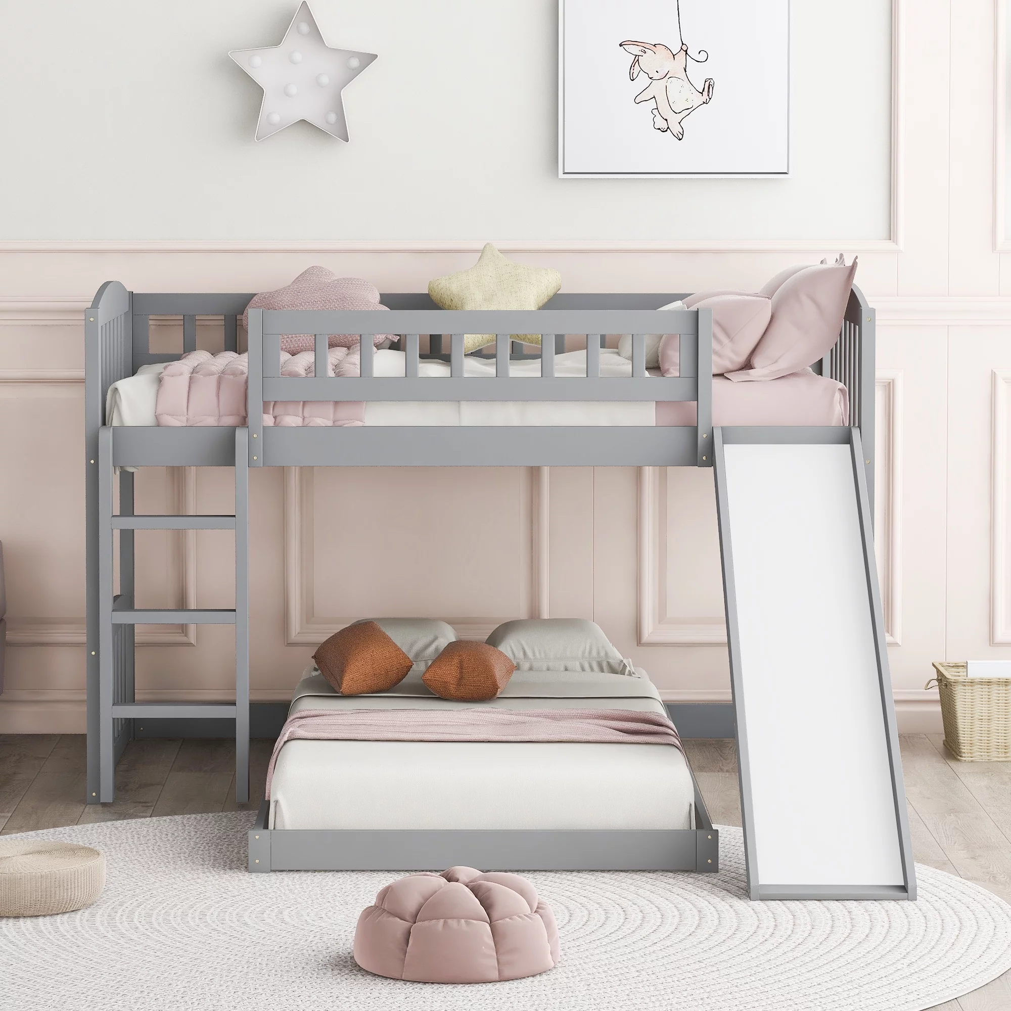 Bunk Beds with Slide, Twin over Twin Bunk Bed for Kids Teens, Solid Wood Bunk Bed Frame with Ladder and Guardrails, L-shaped Separate Twin Loft Bed and Platform Bed Set, Gray, L0149