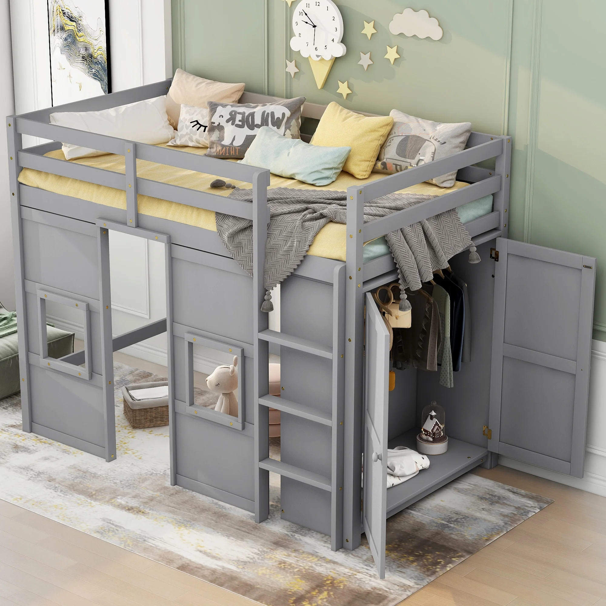Churanty Twin Size Loft Bed with Wardrobe and Large Under-Bed Space, Solid Wood Loft Bed with Built-in Storage Cabinet & 2 Windows for Kids Teens Adults,Gray