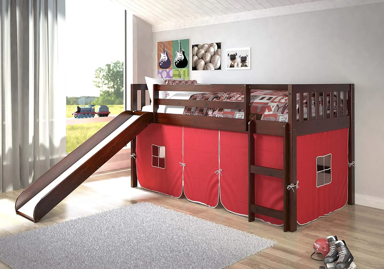 Mission Low Loft Bed With Slide And Red Tent, , Dark Cappuccino