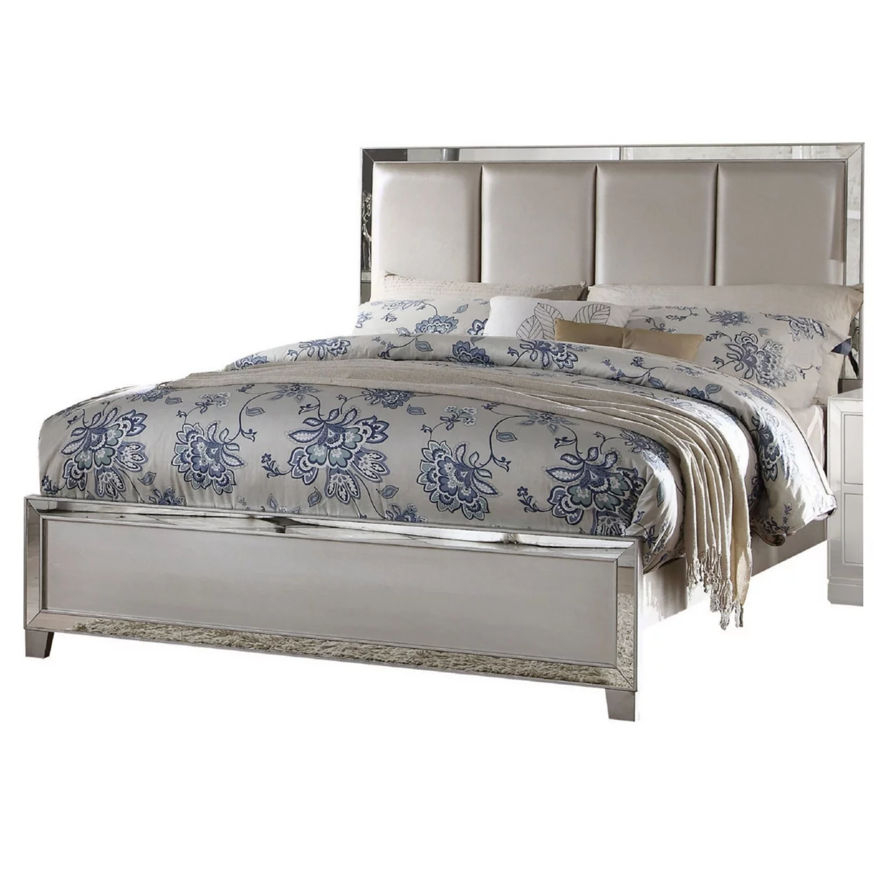 Mirror Inlay Wooden Eastern King Bed with Channel Tufted Headboard, Silver- Saltoro Sherpi