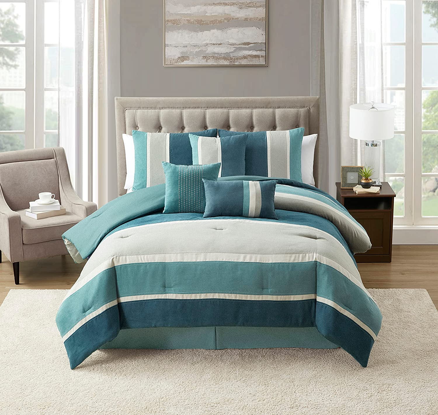 King Size Comforter Set Ultra Soft Faux Suede Fashion Bedding Sets with Shams, Throw Pillows, and Bed Skirt, King, Teal