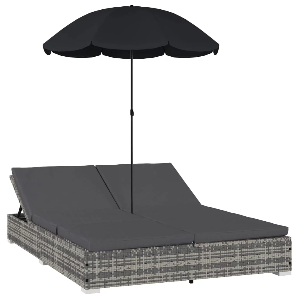 Anself 2-Person Outdoor Lounge Bed with Umbrella Both Side Adjustable Patio Double Sun Lounger Cushioned Poly Rattan Sunbed Balcony, Garden, Pool, Lawn, Backyard Furniture (Gray)