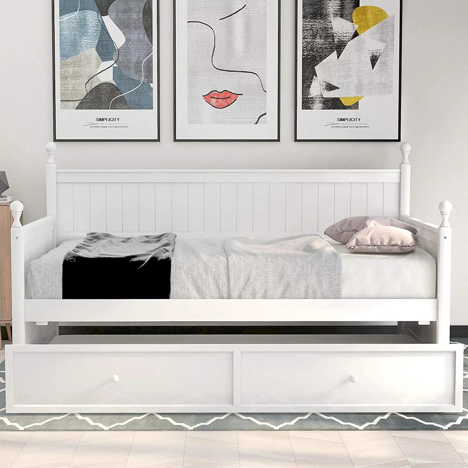 Rhomtree Twin Size Wood Daybed with 3 Storage Drawers Bed Frame Sofa Bed for Living Room Bedroom Kids Tees Boys Girls Guests (White with Drawers)