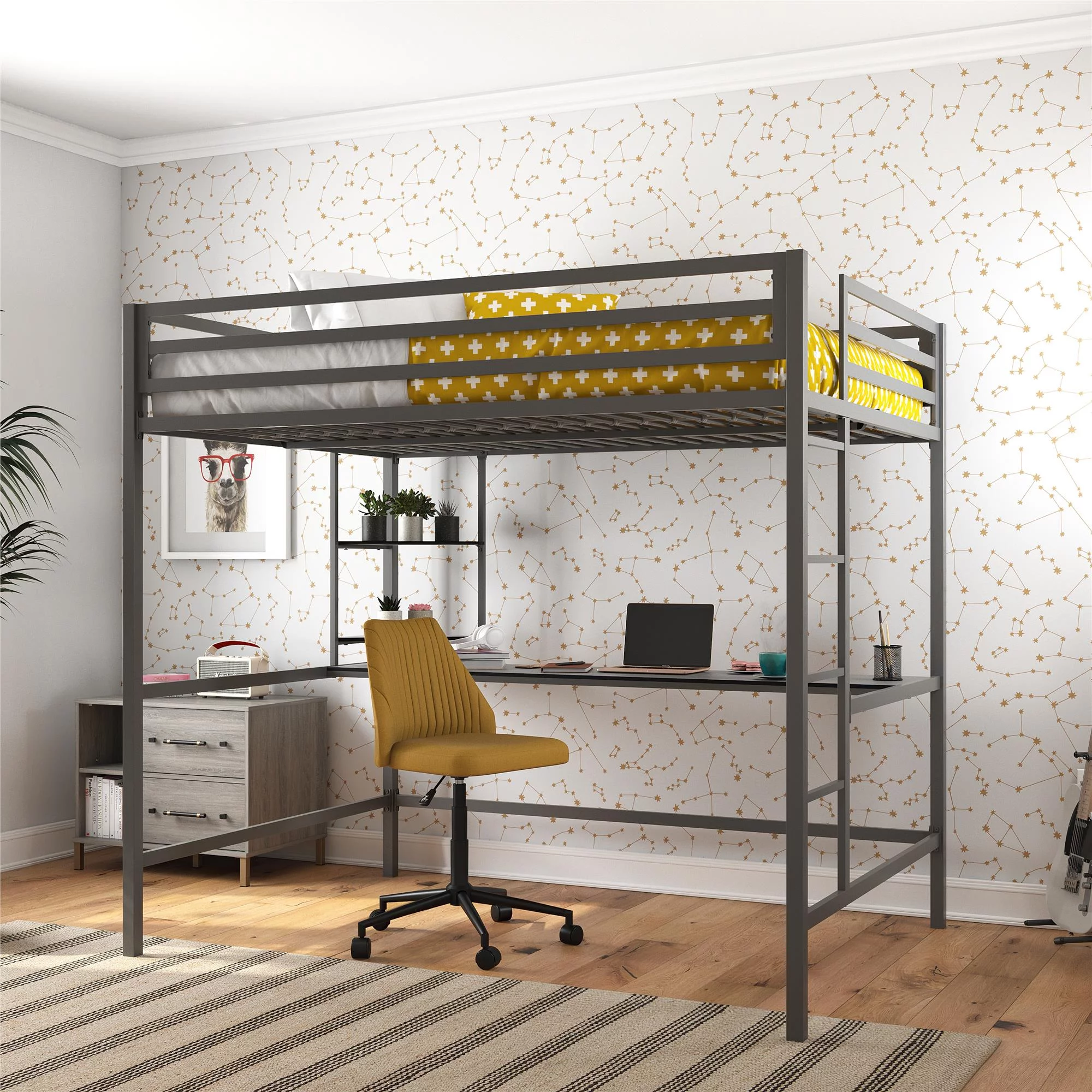 Novogratz Maxwell Metal Full Loft Bed with Desk & Shelves, Gray/ Black