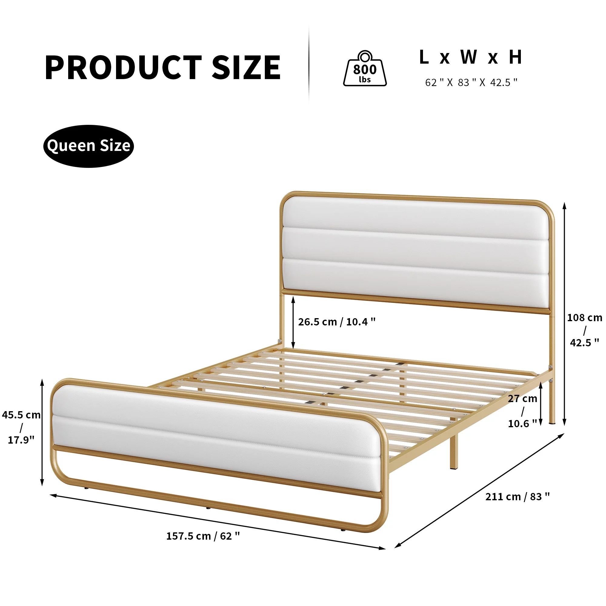 Homfa Queen Bed Frame with PU Leather Upholstered Headboard, Gold Metal Tubular Platform Bed with 10.6