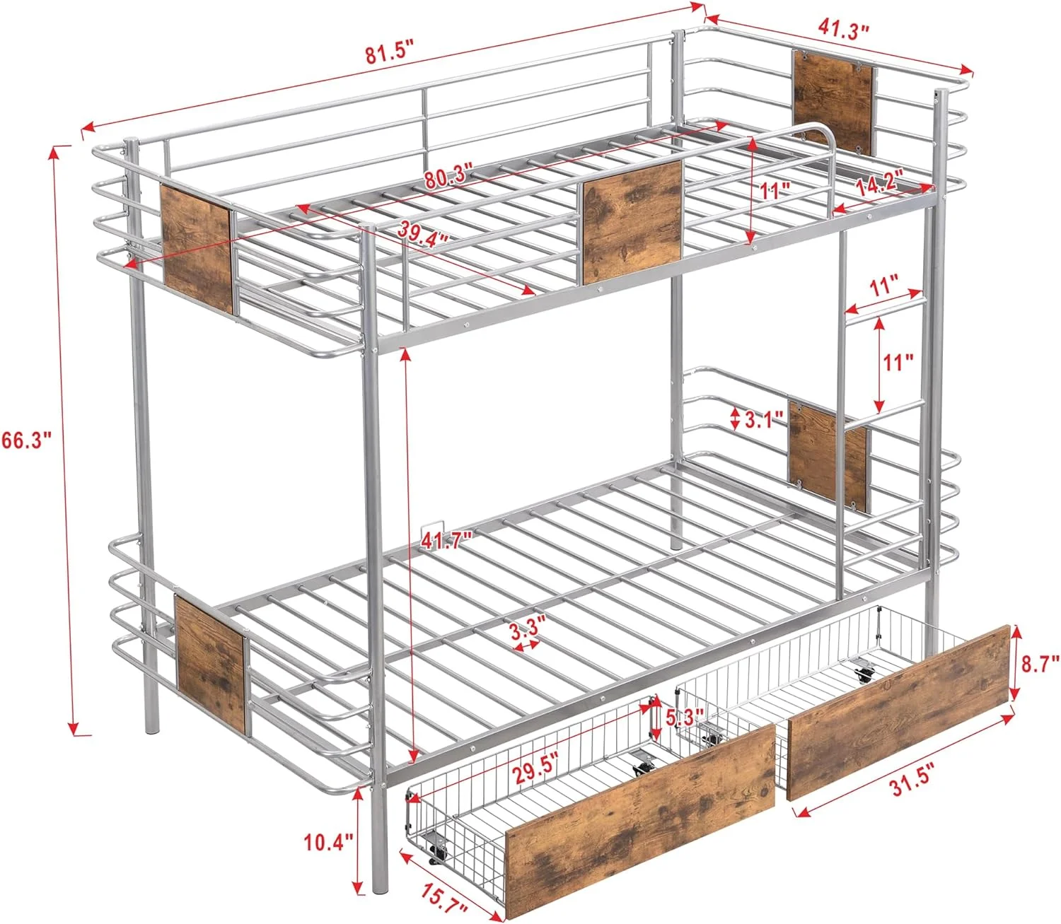 Heavy Duy Meal Buk Bed XL Over XL Wih Sorage Drawers Meal Buk Bed Frame For 2 Persos Bedroom Furiure, Full Guardrail, o Box Sprig eeded(Silver)